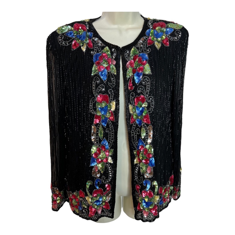 Sweelo Vintage Women’s Silk Sequined Beaded Black Evening Jacket 80’s Bling